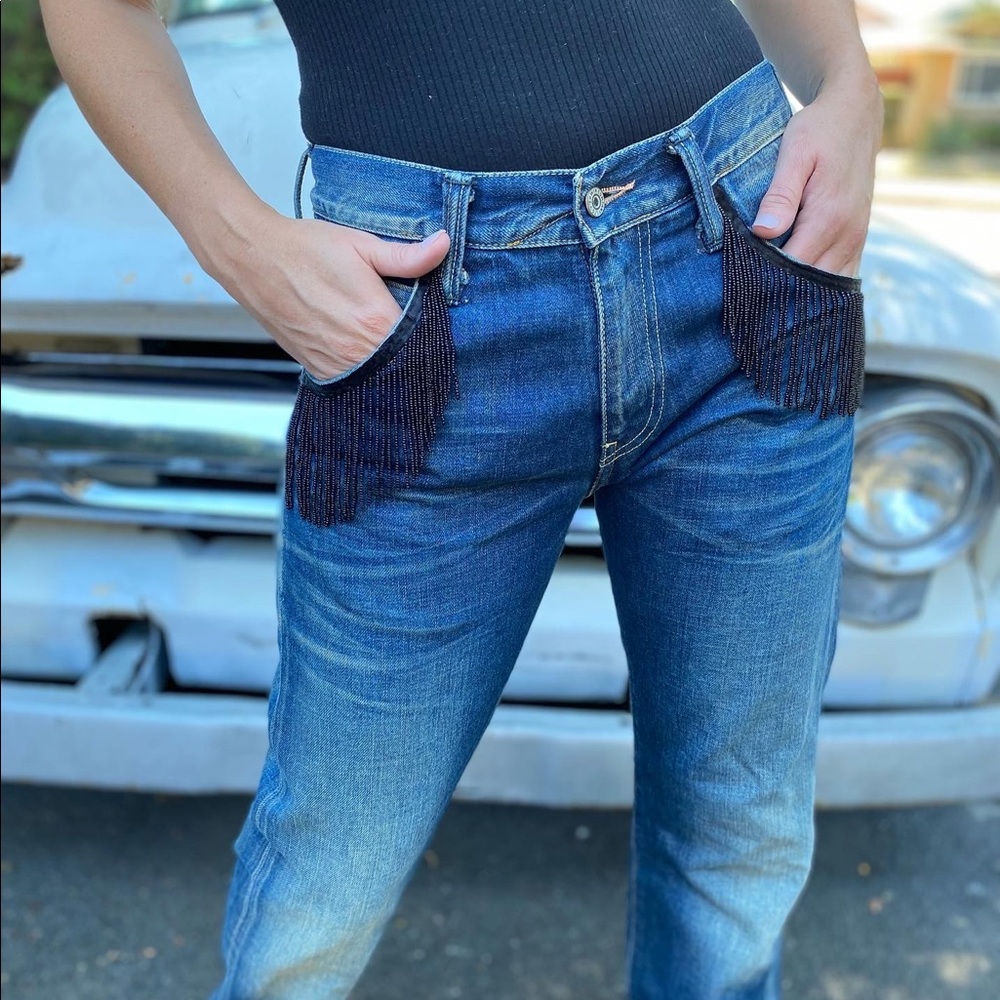 Edwin jeans with beaded pocket fringe